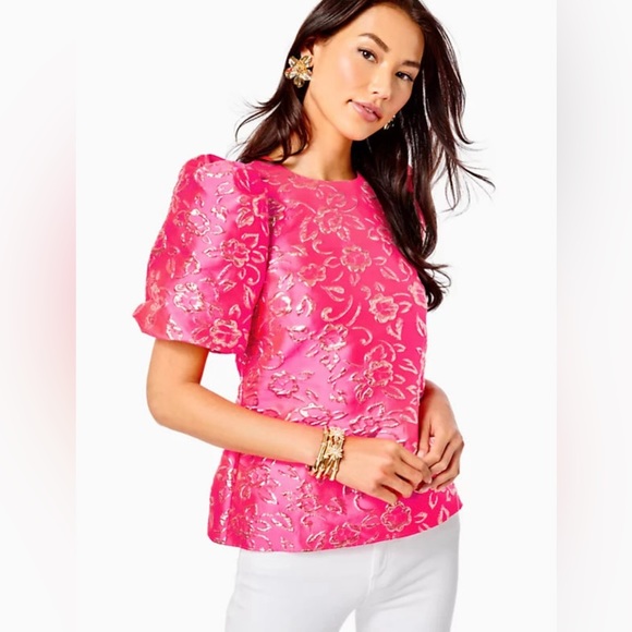 NWT Lilly Pulitzer  Pink w Gold Floral Details Brocade Top Puff Sleeves Sz XS - Picture 1 of 9